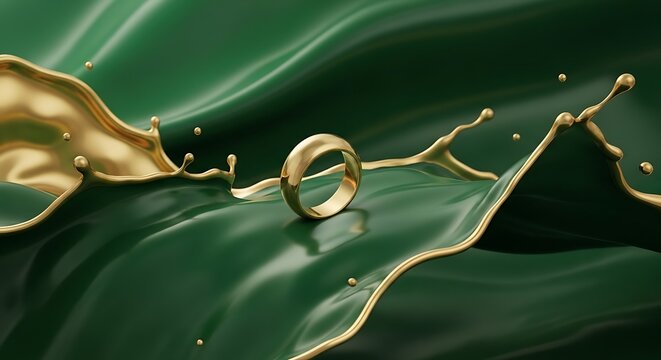 A golden ring sits amidst a splash of green and gold liquid, artistic and elegant