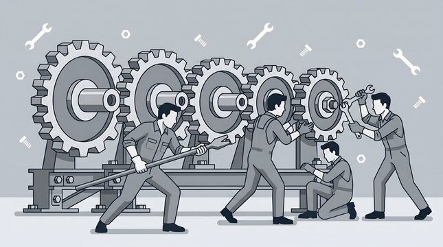 Team of mechanics repairing large industrial gear system in factory workshop.