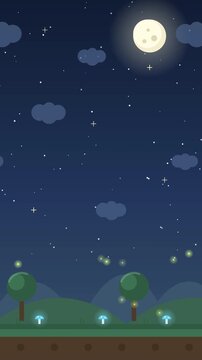 Enchanting night landscape 2d background featuring a full moon. This flat design nature scene includes glowing mushrooms, fireflies, green trees, rolling hills, and a starry dark blue sky, Vertical