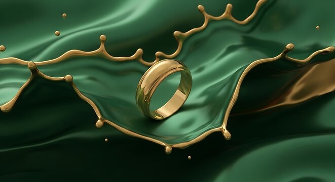 A golden ring sits in a teal splash, surrounded by gold accents, creating an elegant visual