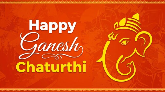 Happy Ganesh Chaturthi. Indian Festival of lord Ganapati Banner, Logo design, Sticker, Concept, Greeting Card, Template, Icon, Poster, Unit, Label, Web, Mnemonic on Orange paint brush stoke