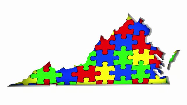 Virginia VA State Map Autism Puzzle Pieces Awareness Autistic Symbol Spectrum 3d Animation