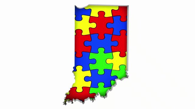 Indiana IN State Map Autism Puzzle Pieces Awareness Autistic Symbol Spectrum 3d Animation