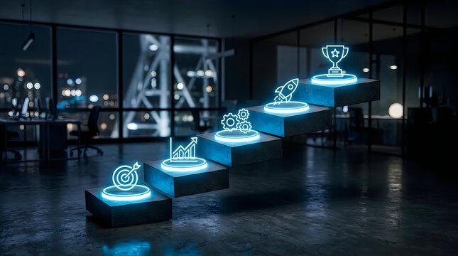 Business growth staircase with neon icons and modern office backdrop