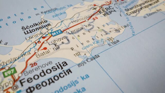 feodosia to kerch road map on detailed atlas, gliding view over