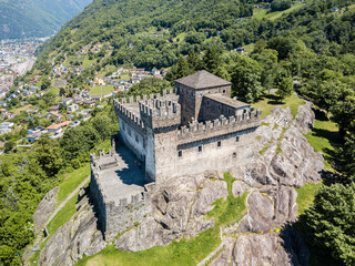 Aerial image of the medieval castle Castello Sasso Corbaro in the capital city of Canton Ticino, Bellinzona, Switzerland. © Siyue