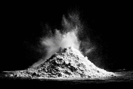 Staged pile of white powder exploding upward on black background with explosion abstract particle artistic background dispersed floating blasting volumetric contrast minimalist