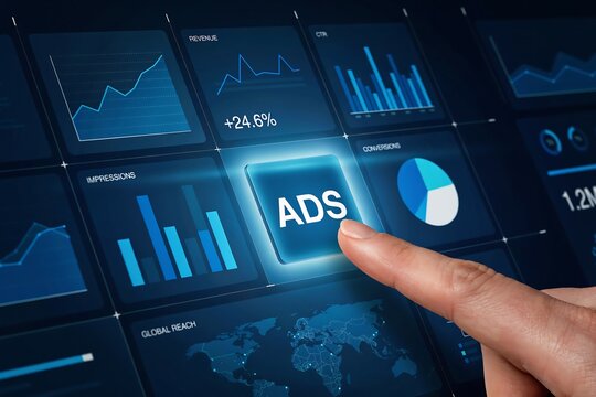 Finger touching digital screen interface to manage online advertising and marketing metrics