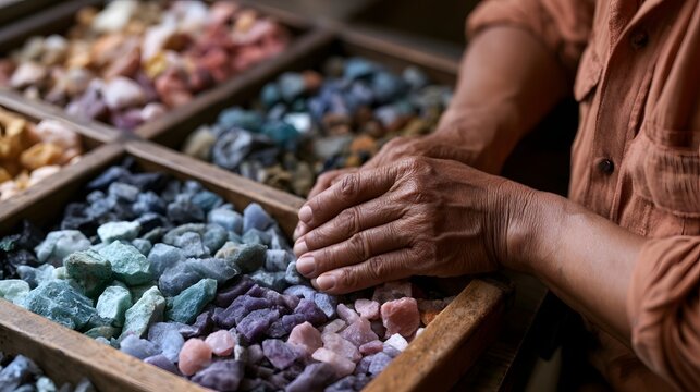 A person s hands gently resting on a tray of colorful mineral fragments arranged in wooden compartments