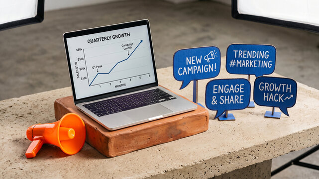 Laptop with Quarterly Growth Graph Next to Megaphone and Cardboard Speech Bubbles