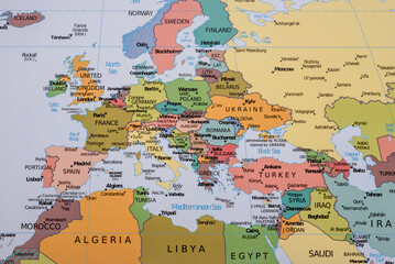 A global world map as a backdrop for themes of trips, travel, hiking, or relocation. A world map © chernikovatv