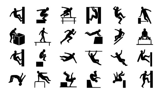 Free Running Parkour Athlete Silhouette Icons for Urban Sports Vector Design