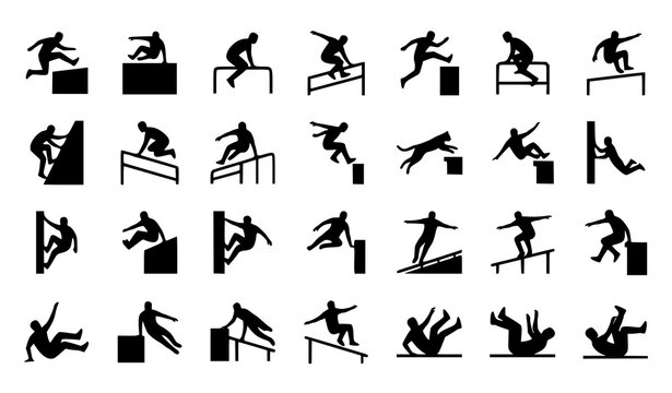 Parkour and Free Running Silhouette Vector Icon Set with Jump and Obstacle Poses