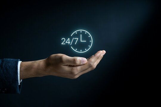 Hand holding a glowing 24/7 customer service icon representing constant support and help
