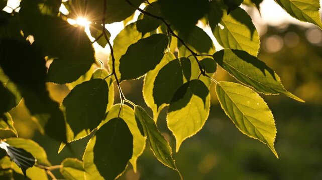 Close-up view of overlapping green leaves backlit by golden sunlight, featuring natural layered shadows, a prominent sunburst lens flare, and soft bokeh background in nature.