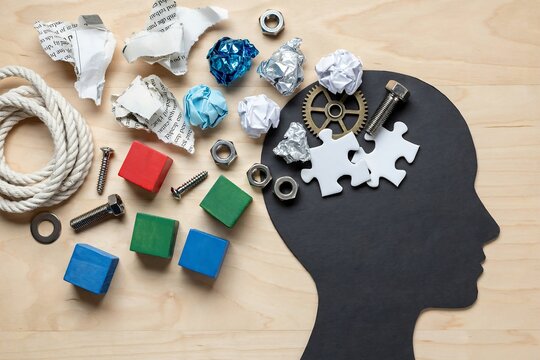 Creative concept of human mind with paper balls and mechanical parts on wooden background