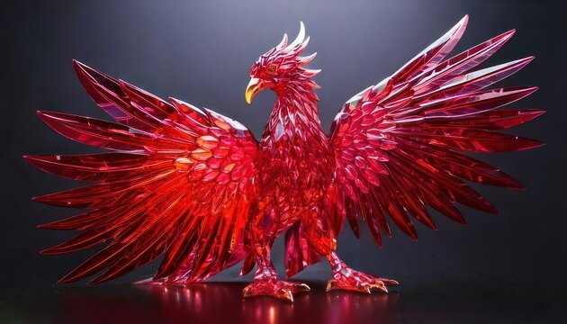 Majestic Red Phoenix Sculpture with Intricate Feather Details and Dynamic Pose.