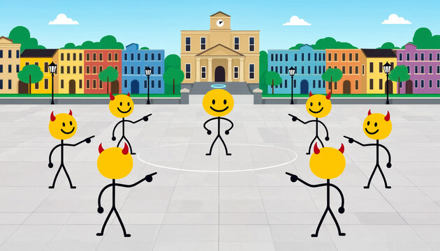 An emoji character with a halo stands in the center, while figures with devil horns standing around point towards him. Peer pressure and social judgment concept in flat colors.