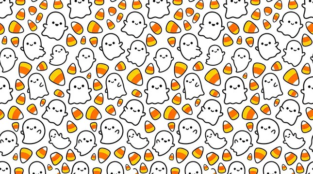 Cute halloween pattern ghosts and candy corn spooky fall season background