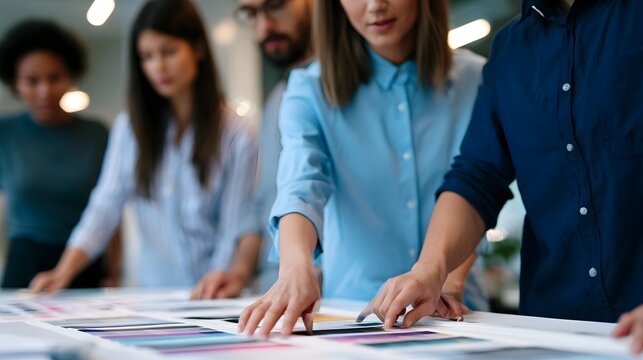 A group of professionals collaboratively reviewing color swatches on a table during a design meeting