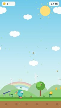 Cute 2D endless runner platformer game screen featuring a cute character in a sustainable eco-friendly landscape with wind turbines, solar panels, green trees, and golden coins, Vertical