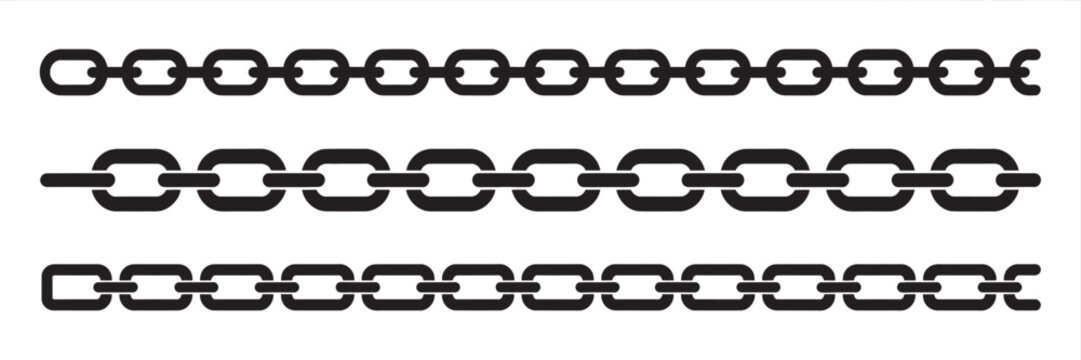 Chain silhouette pattern set featuring seamless repeatable link designs, interlocking chain shapes, decorative borders, industrial motifs, isolated backgrounds and editable vector illustrations.