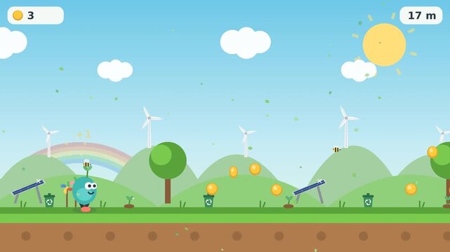 Cute 2D endless runner platformer game screen featuring a cute character in a sustainable eco-friendly landscape with wind turbines, solar panels, green trees, and golden coins