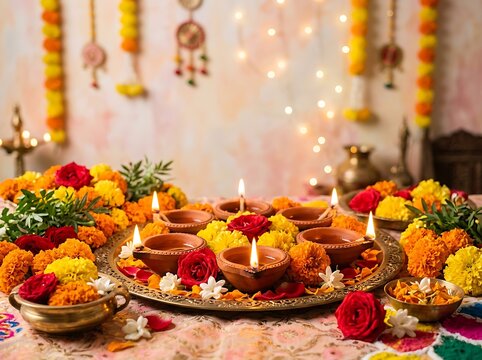 Beautifully arranged diwali oil lamps surrounded by flowers on a festive table setting.