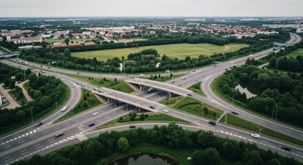 Obraz premium Complex Highway Interchange with Traffic Flowing Through Urban Landscape