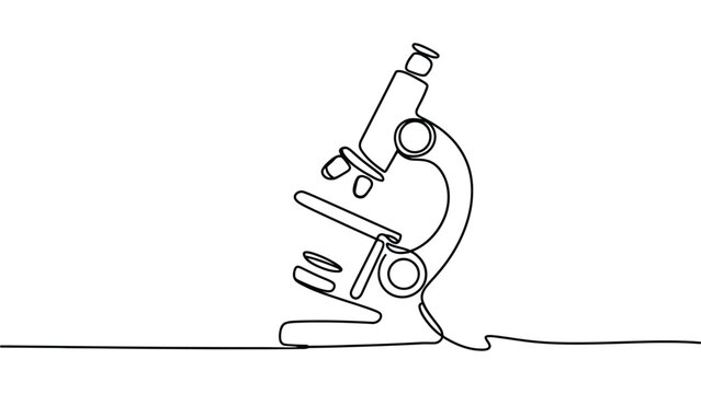 Continuous one line drawing of microscope with eyepiece, body tube, objective lenses, stage, and base, minimalist single line sketch illustration symbolizing science, research, discovery, and educatio