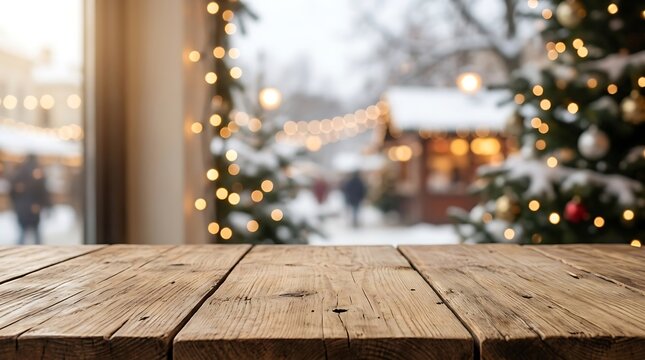 Rustic wooden table top with blurred christmas market background in winter setting.