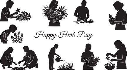 Obraz premium Happy Herb Day silhouette collection, people gardening and cooking with fresh herbs vector set, organic farming and culinary herb preparation icons isolated on Transparent Background
