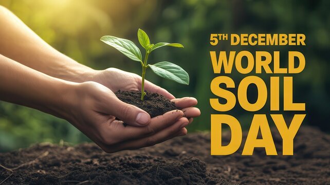 World Soil Day on 5th December, with human hands holding a young plant in fertile soil, symbolizing environmental protection and sustainable growth.