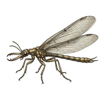 Detailed hand drawn predatory winged insect illustration isolated on white