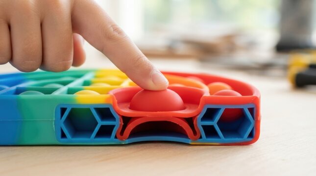 Finger pressing red bubble on a colorful rainbow pop it fidget toy popit sensory toy