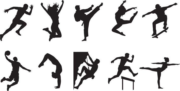 Black Parkour Silhouettes Vector Set. Urban Freerunning Stunt Collection. Dynamic Breakdancing, Skateboarding, High Jump Motifs. Athletic Sport Character Assets for Graphic Design, Sport Logos