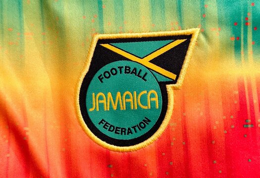 Photo of the embroidered emblem of the Jamaica national football team&rsquo;s 2026 pre-match home kit. 