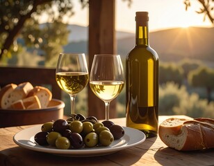 Fototapeta premium Golden Hour Table Setting with Wine, Olives, Bread, and Scenic Landscape in the Background