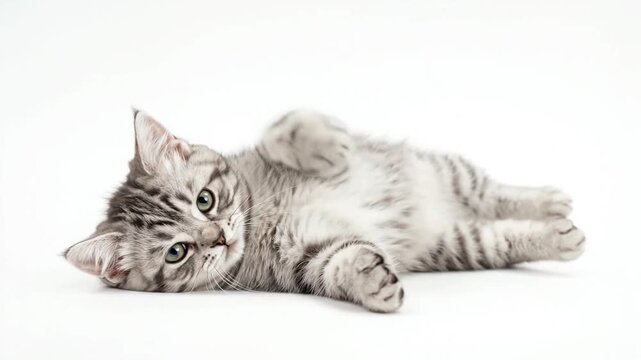Playful grey tabby kitten lying on side waving paw on white background.