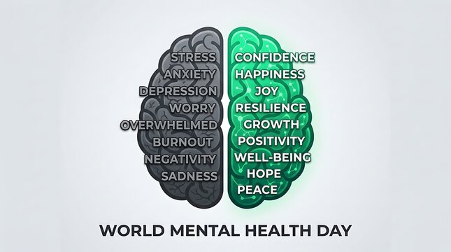 Split human brain showing negative thoughts and positive emotions with psychology positivity wellness happiness cognitive