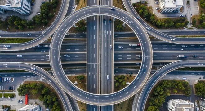 Spectacular aerial view of a complex highway interchange system with flowing traffic