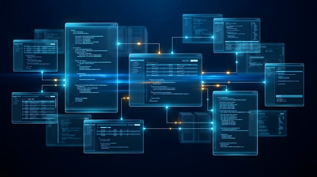 Software development network architecture features interconnected glowing programming screens visualizing complex system integration and digital backend structure