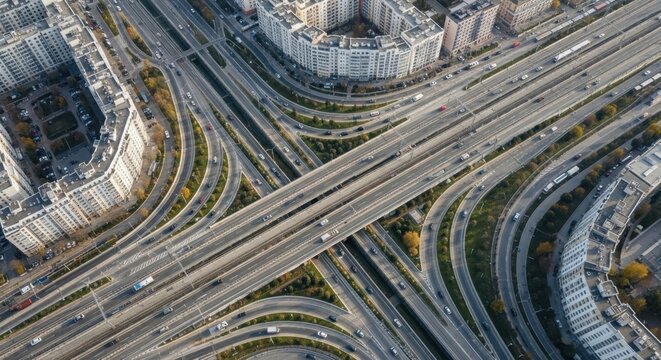 Sprawling Urban Highway Interchange Under the City Sky, Illustrating Modern Transportation Networks and Infrastructure Complexity