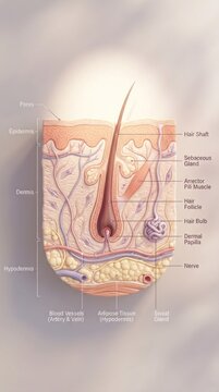 Detailed CrossSection of Human Skin Anatomy with Hair Follicle and Glands.