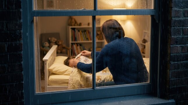 Parent tucking in a sleeping child in a bed while it rains outside a window bedtime