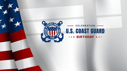 U.S. Coast Guard Birthday celebration greeting card banner with emblem logo.  © Weinsigy