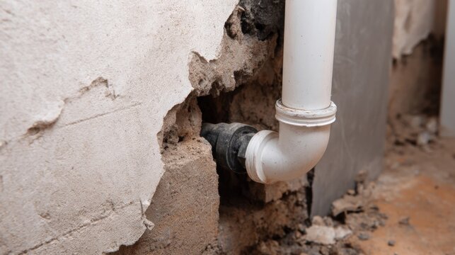 A close-up view of a damaged wall revealing a white drainage pipe with exposed brick and dust