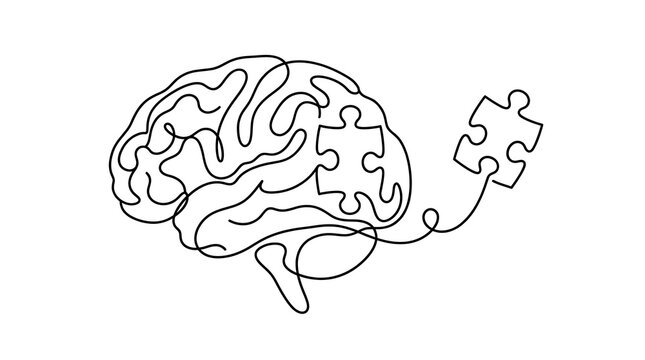 Continuous line drawing of a human brain with a puzzle piece connecting to it on white background minimalist psychology