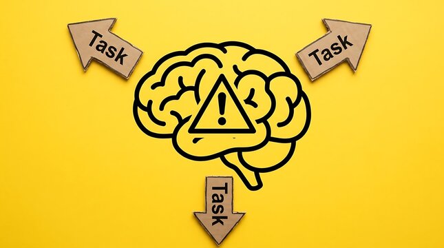 Conceptual human brain outline on yellow background with task arrows and caution symbol pressure psychology overload
