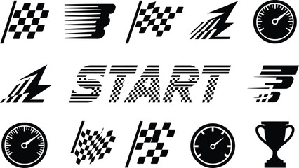 Obraz premium Racing elements silhouette collection checkered flags speedometers and a trophy for motorsports design